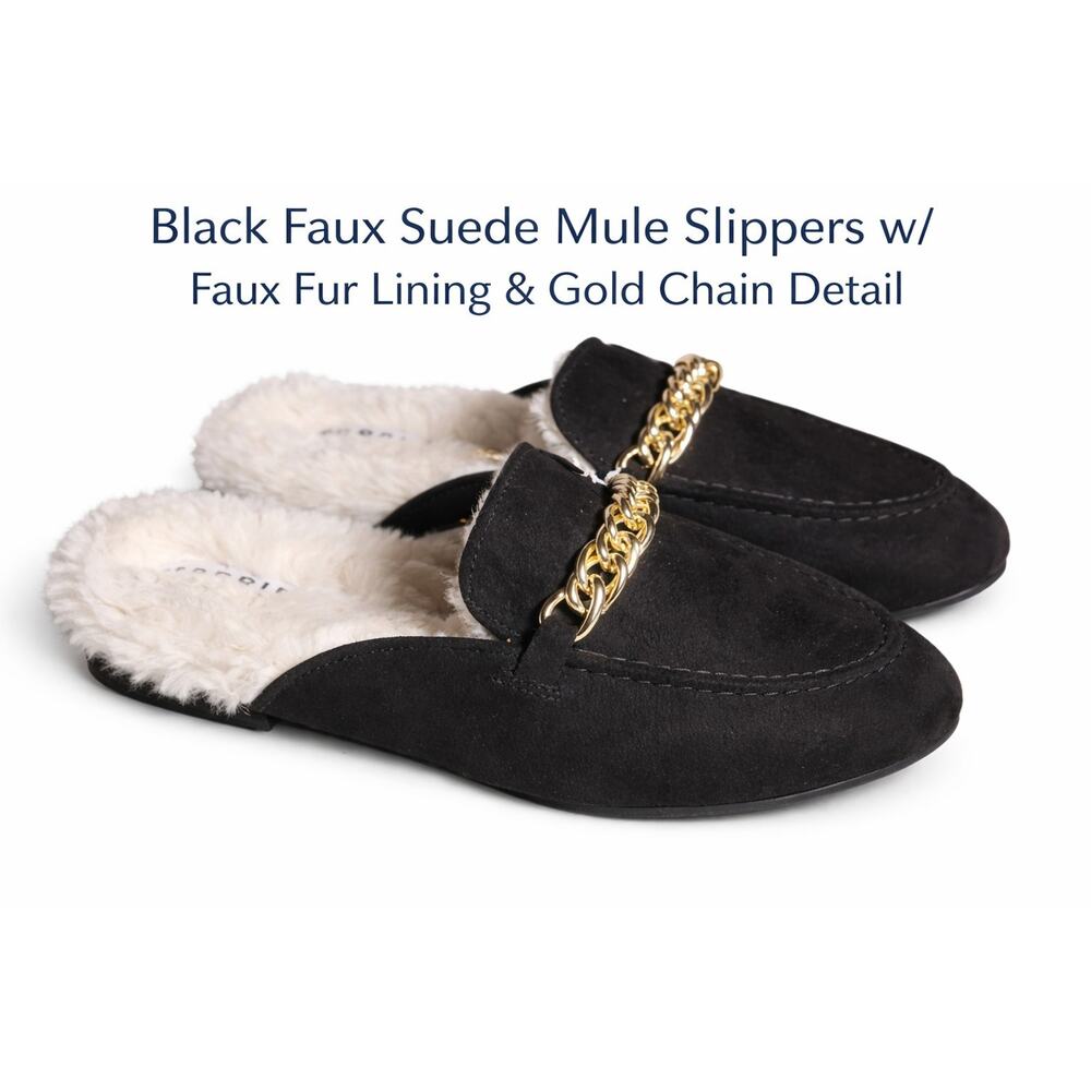 Women’s Size 7 Black Faux Suede Mule Slippers w/ Faux Fur Lining & Gold Chain...